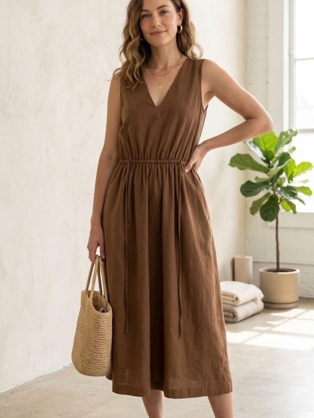 NWT Vince Pecan Brown V-Neck Sleeveless Drawstring Midi Dress Size S MSRP $345